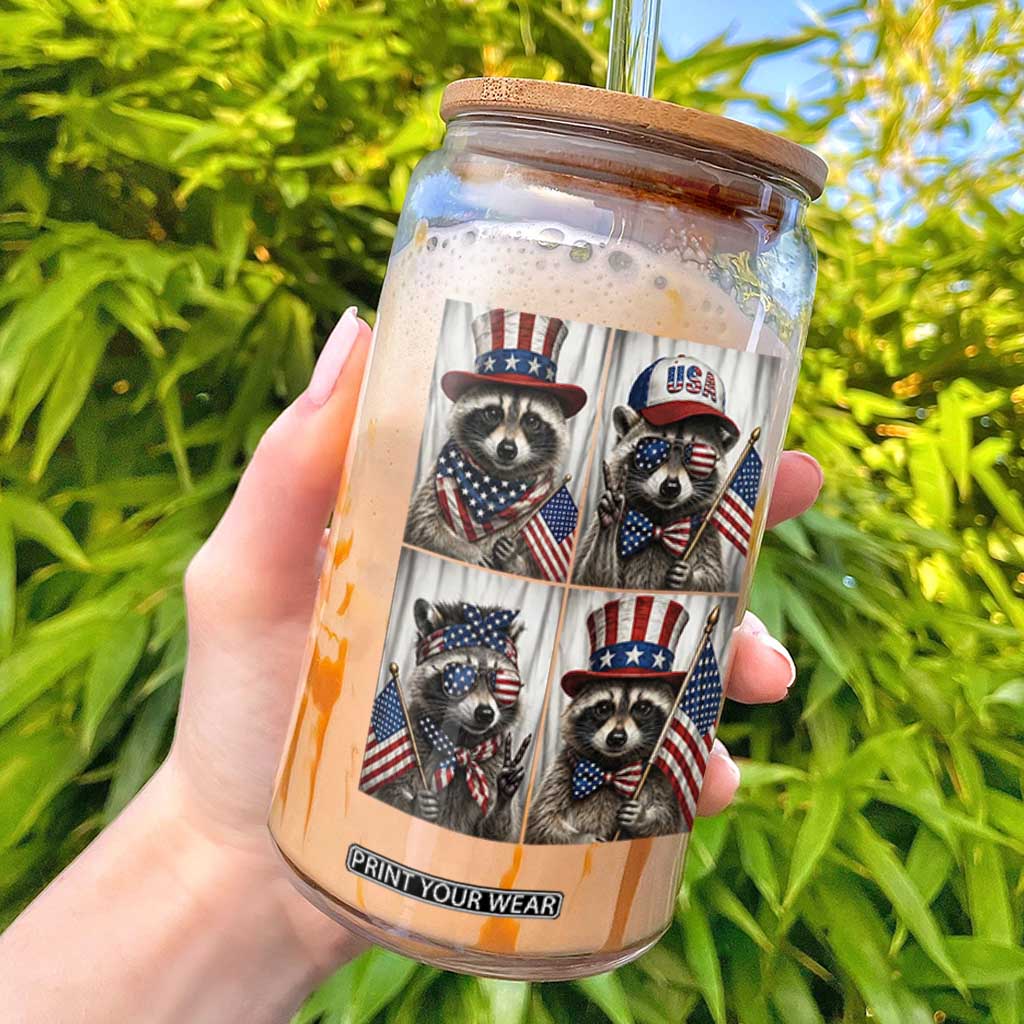 Funny Patriotic Raccoon Selfie Glass Can USA Flag Red White And Blue Graphic TS12 Black Print Your Wear