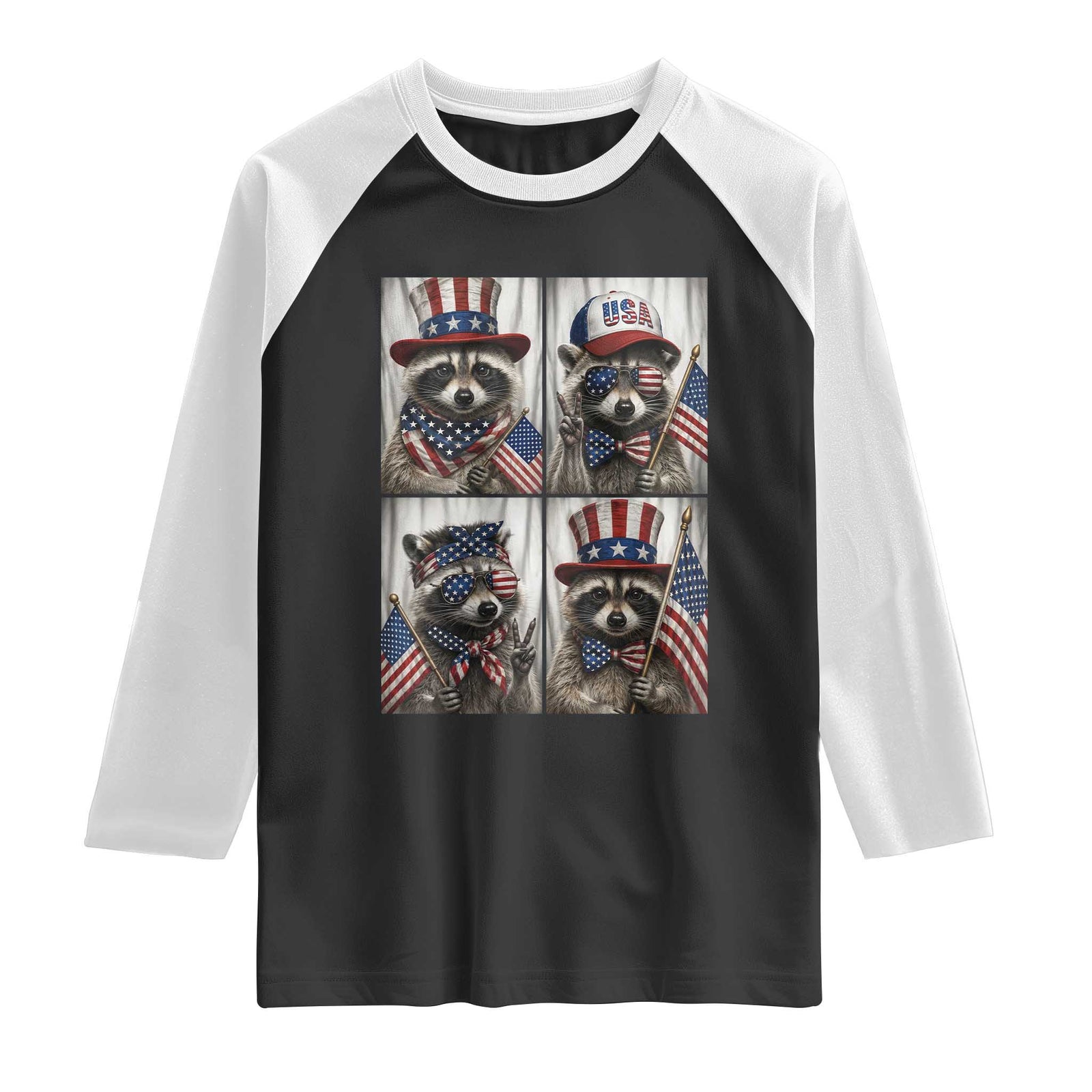 Funny Patriotic Raccoon Selfie Raglan Shirt USA Flag Red White And Blue Graphic TS12 Black White Print Your Wear