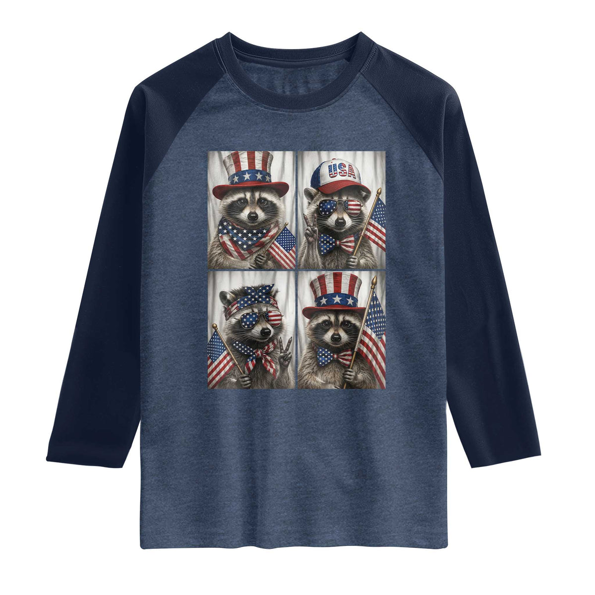Funny Patriotic Raccoon Selfie Raglan Shirt USA Flag Red White And Blue Graphic TS12 Heather Denim Navy Print Your Wear