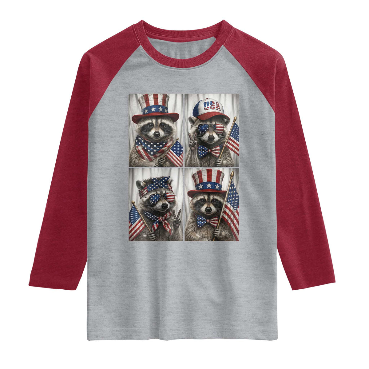 Funny Patriotic Raccoon Selfie Raglan Shirt USA Flag Red White And Blue Graphic TS12 Heather Gray Heather Red Print Your Wear