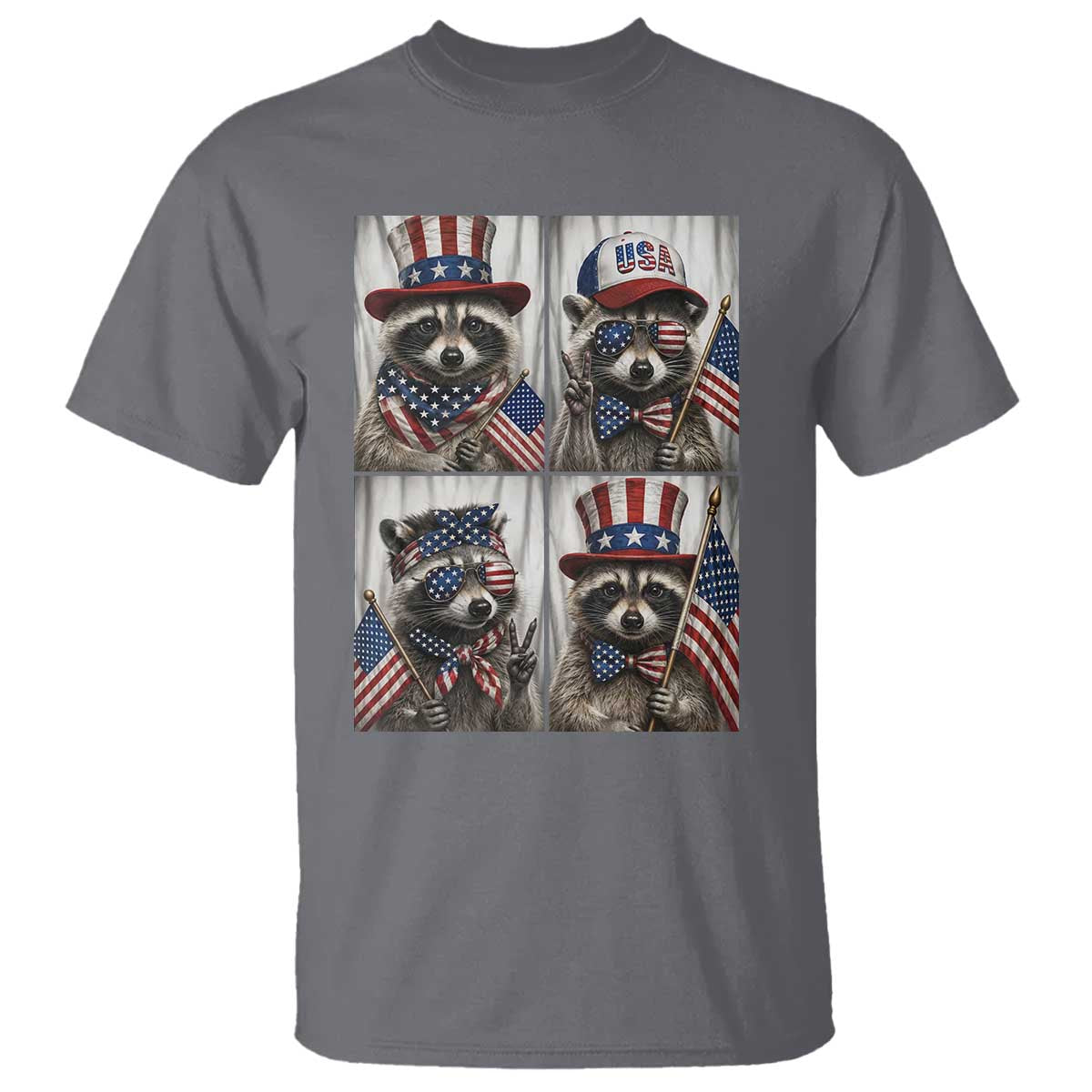 Funny Patriotic Raccoon Selfie T Shirt USA Flag Red White And Blue Graphic TS12 Charcoal Print Your Wear