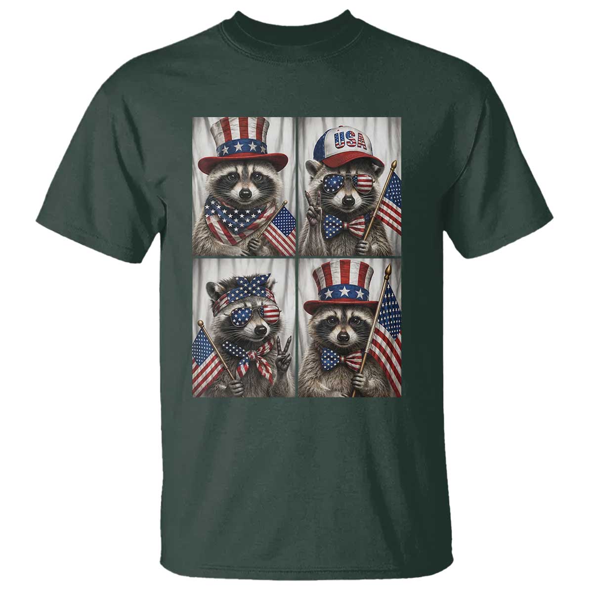 Funny Patriotic Raccoon Selfie T Shirt USA Flag Red White And Blue Graphic TS12 Dark Forest Green Print Your Wear