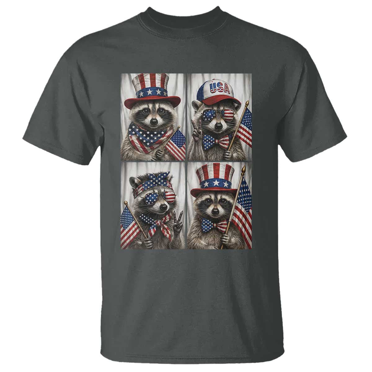 Funny Patriotic Raccoon Selfie T Shirt USA Flag Red White And Blue Graphic TS12 Dark Heather Print Your Wear