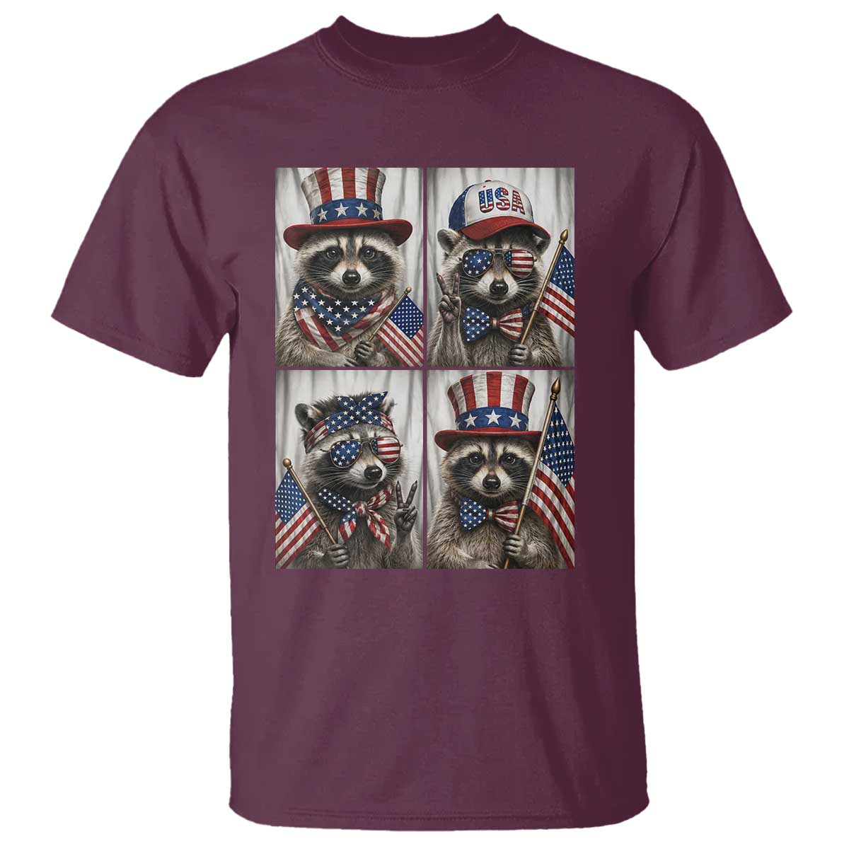 Funny Patriotic Raccoon Selfie T Shirt USA Flag Red White And Blue Graphic TS12 Maroon Print Your Wear
