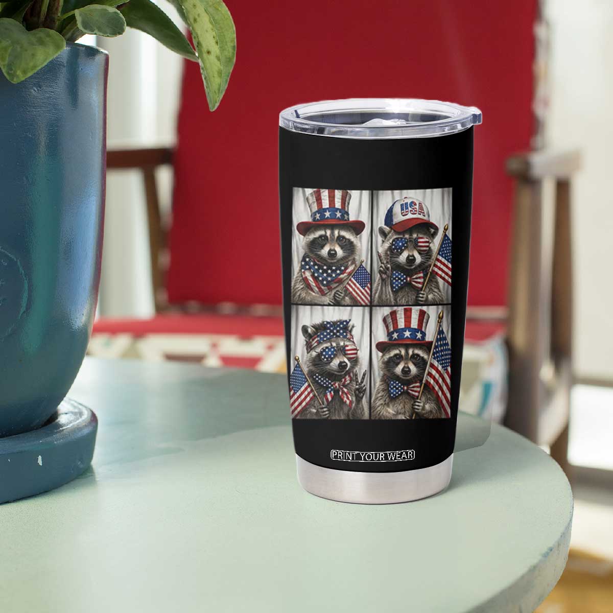 Funny Patriotic Raccoon Selfie Tumbler Cup USA Flag Red White And Blue Graphic