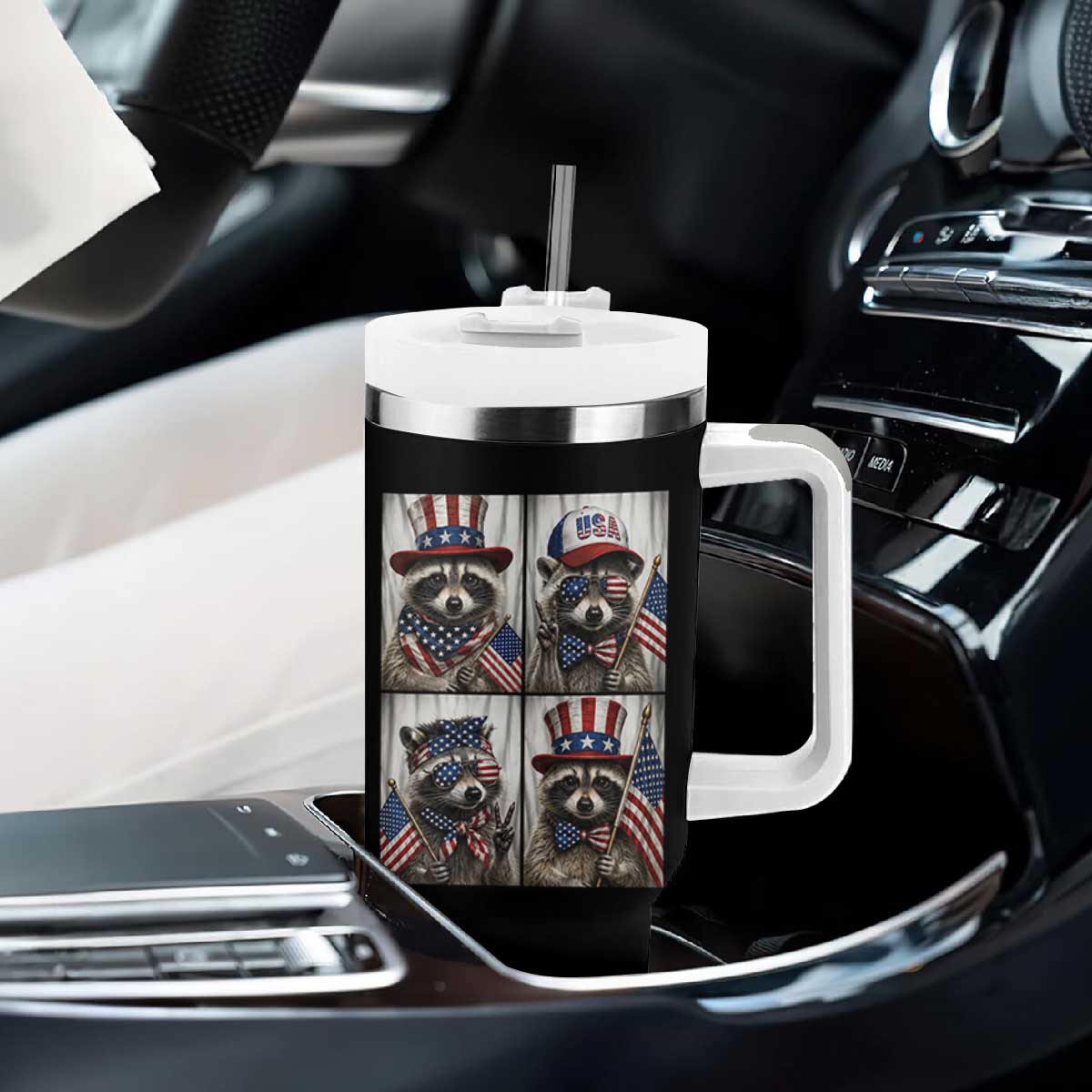 Funny Patriotic Raccoon Selfie Tumbler With Handle USA Flag Red White And Blue Graphic