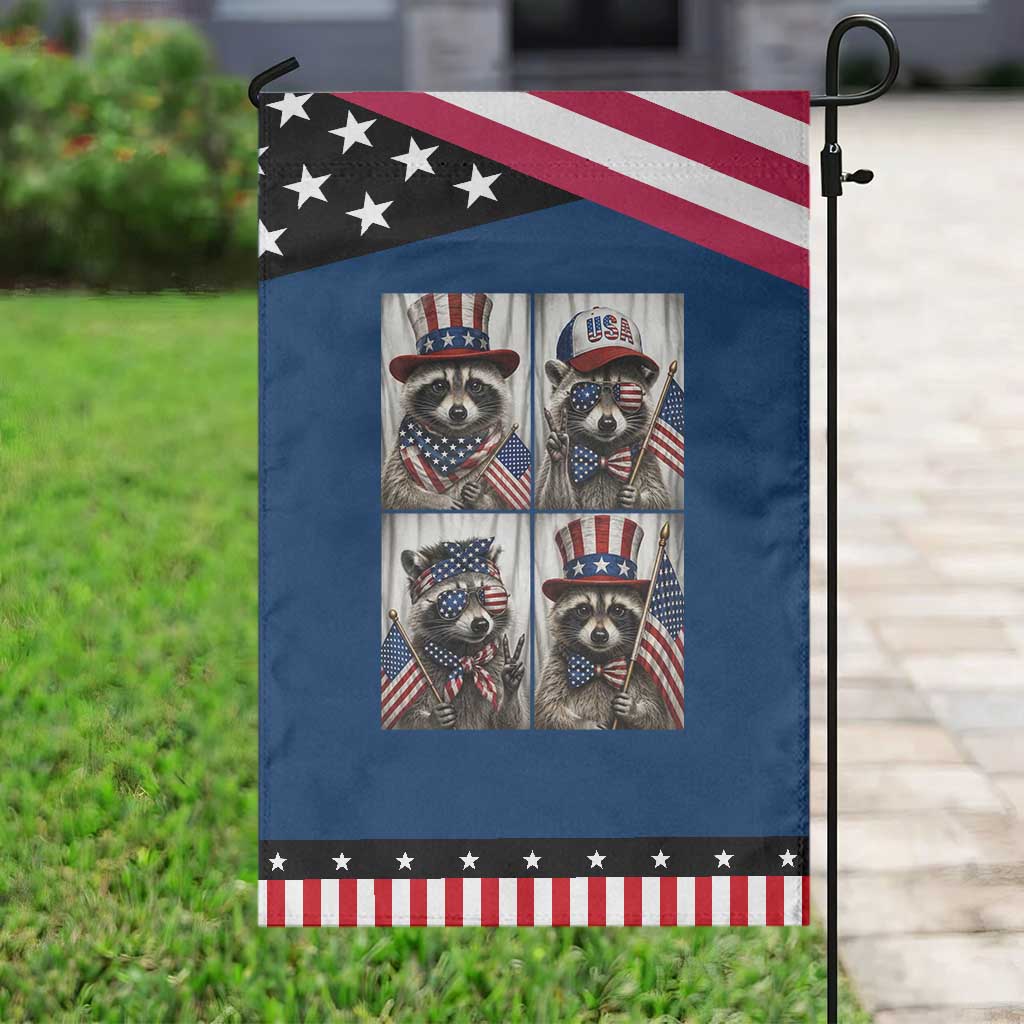 Funny Raccoon Selfie Patriotic Garden Flag USA Flag Red White And Blue Graphic TS12 Classic Blue Black Print Your Wear