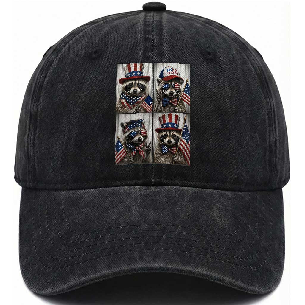 Funny Patriotic Raccoon Selfie Washed Cotton Baseball Cap USA Flag Red White And Blue Graphic TS12 Print Your Wear