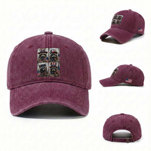 Funny Patriotic Raccoon Selfie Washed Cotton Baseball Cap USA Flag Red White And Blue Graphic TS12 Washed Cap Universal Fit Burgundy Print Your Wear