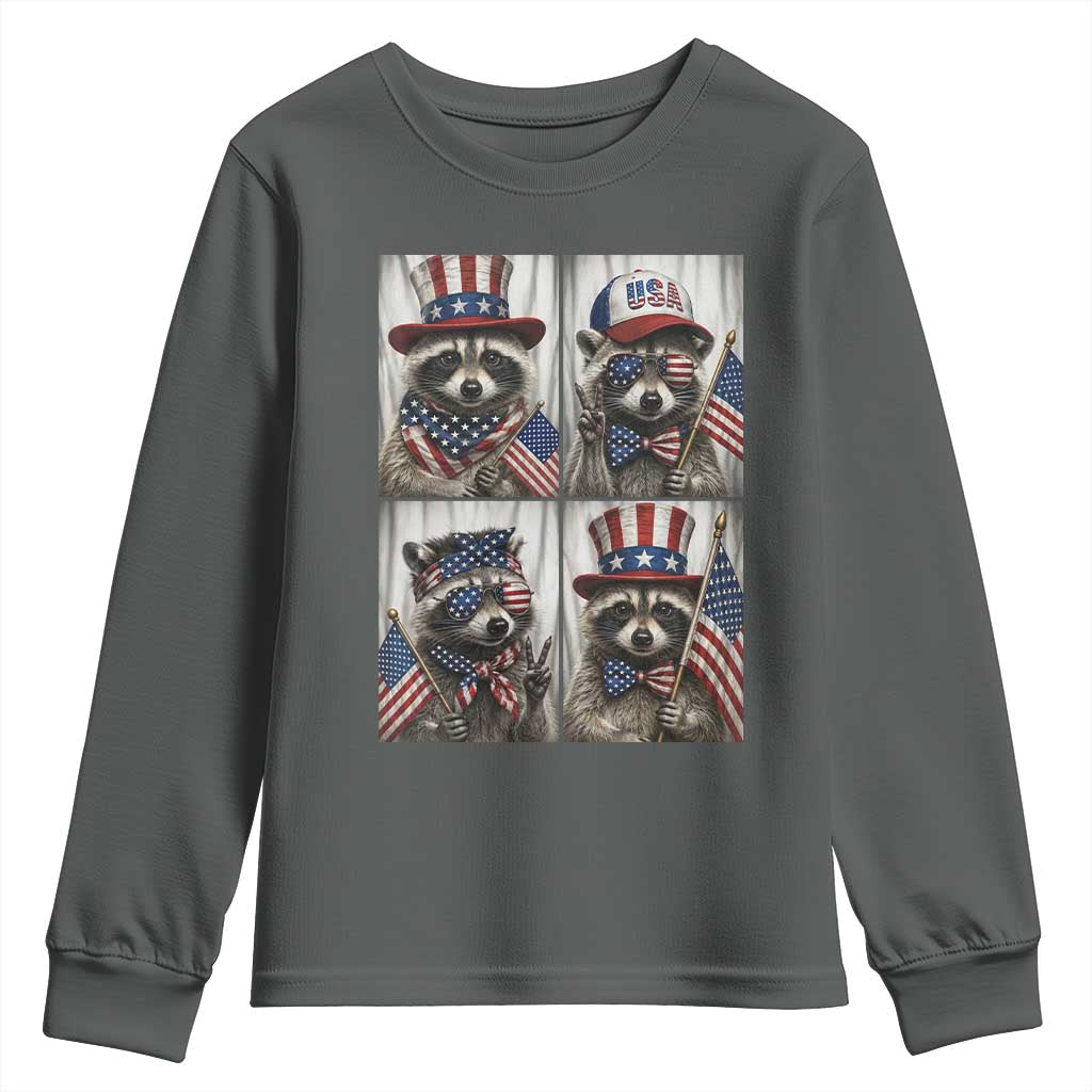 Funny Patriotic Raccoon Selfie Youth Sweatshirt USA Flag Red White And Blue Graphic TS12 Dark Heather Print Your Wear