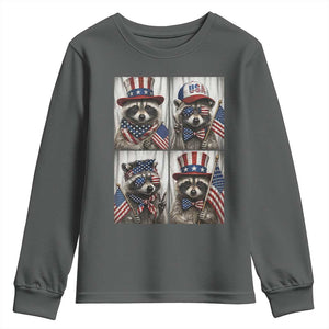 Funny Patriotic Raccoon Selfie Youth Sweatshirt USA Flag Red White And Blue Graphic TS12 Dark Heather Print Your Wear