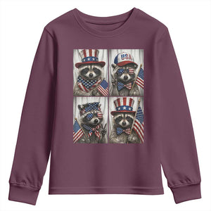Funny Patriotic Raccoon Selfie Youth Sweatshirt USA Flag Red White And Blue Graphic TS12 Maroon Print Your Wear