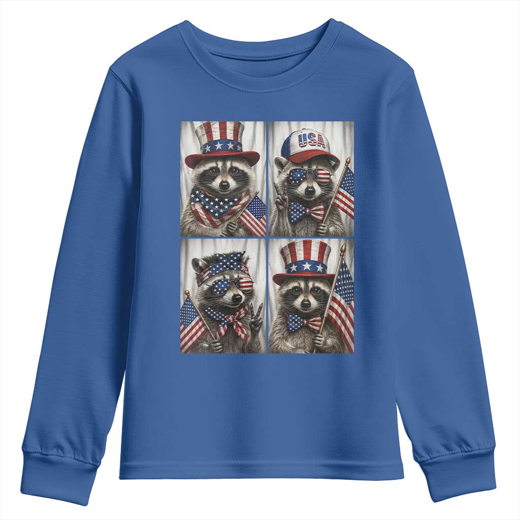 Funny Patriotic Raccoon Selfie Youth Sweatshirt USA Flag Red White And Blue Graphic TS12 Royal Blue Print Your Wear