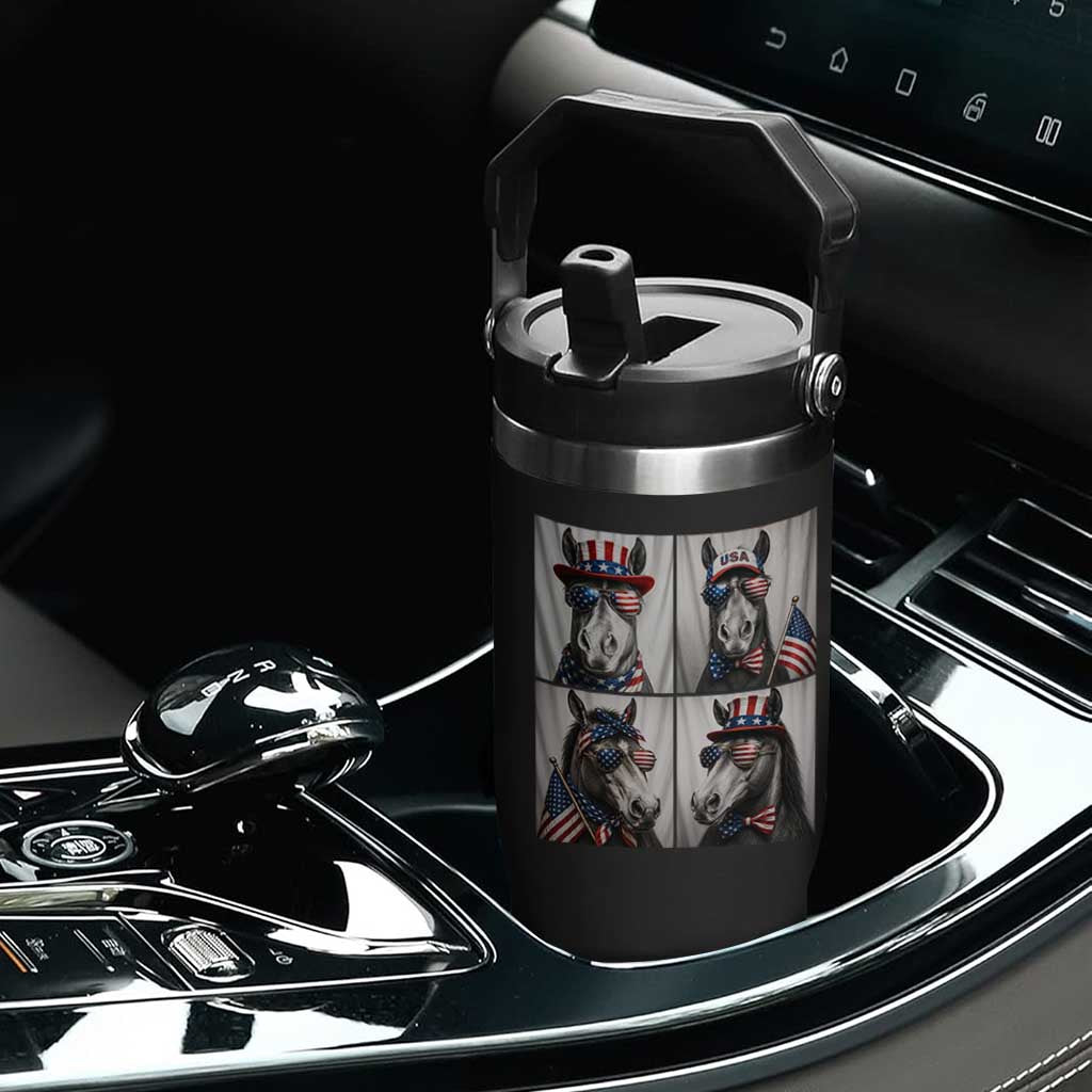 Patriotic Horse Selfie Squad Flip Straw Tumbler USA Flag Red White And Blue Graphic