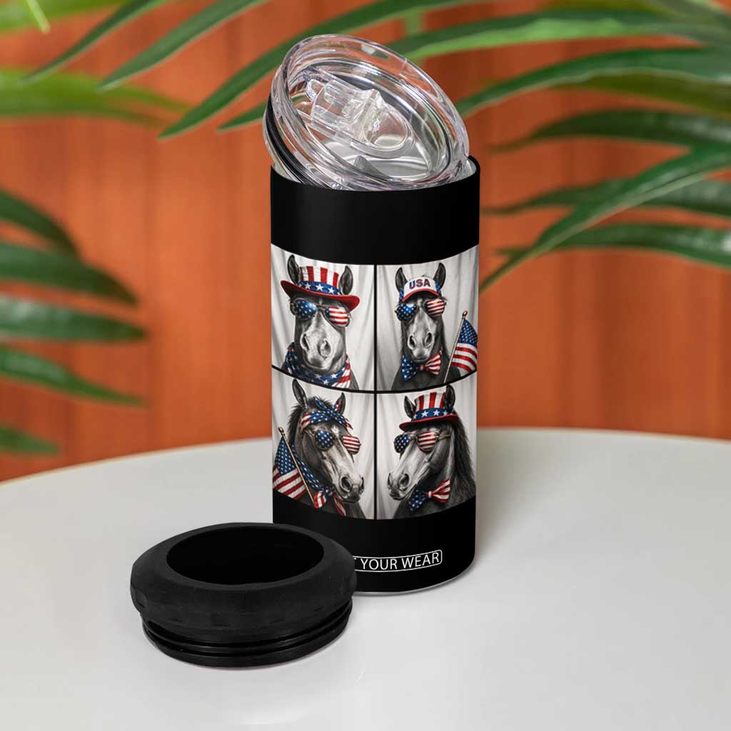 Patriotic Horse Selfie Squad 4 in 1 Can Cooler Tumbler USA Flag Red White And Blue Graphic