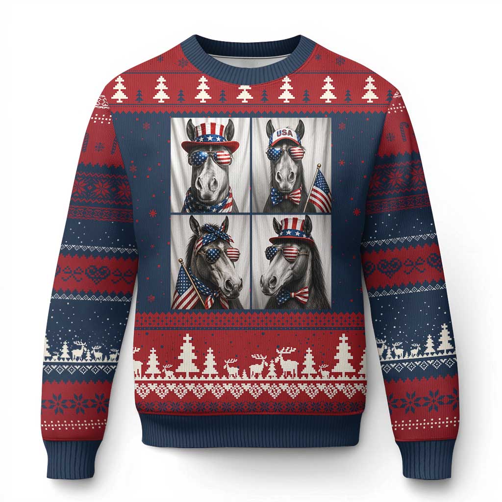 Patriotic Horse Selfie Squad Ugly Christmas Sweater USA Flag Red White And Blue Graphic TS12 Navy Red Print Your Wear