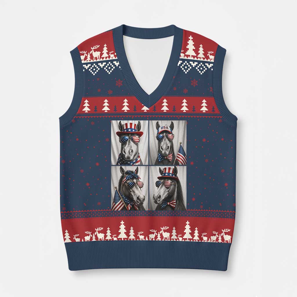 Patriotic Horse Selfie Squad V-Neck Knit Sweater Vest USA Flag Red White And Blue Graphic TS12 Navy Red Print Your Wear