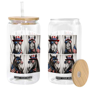 Patriotic Horse Selfie Squad Glass Can USA Flag Red White And Blue Graphic