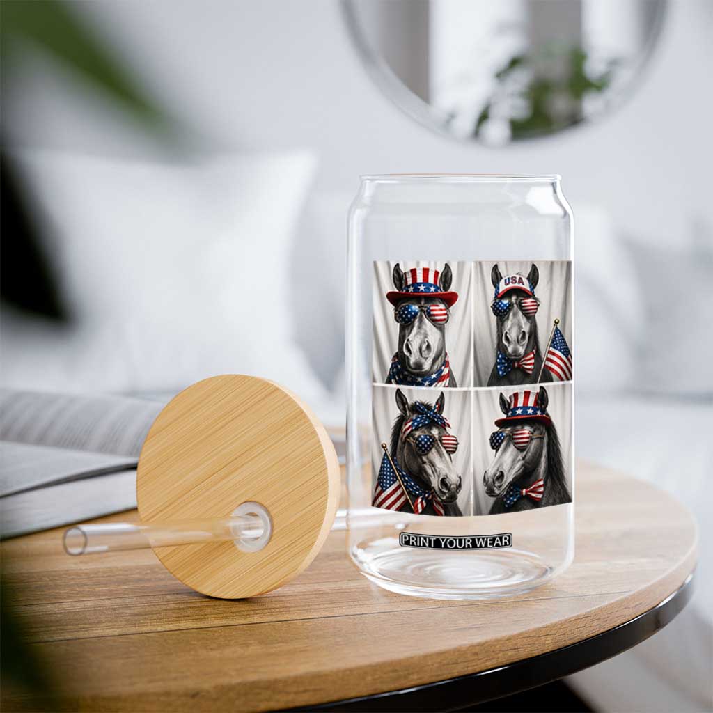 Patriotic Horse Selfie Squad Glass Can USA Flag Red White And Blue Graphic