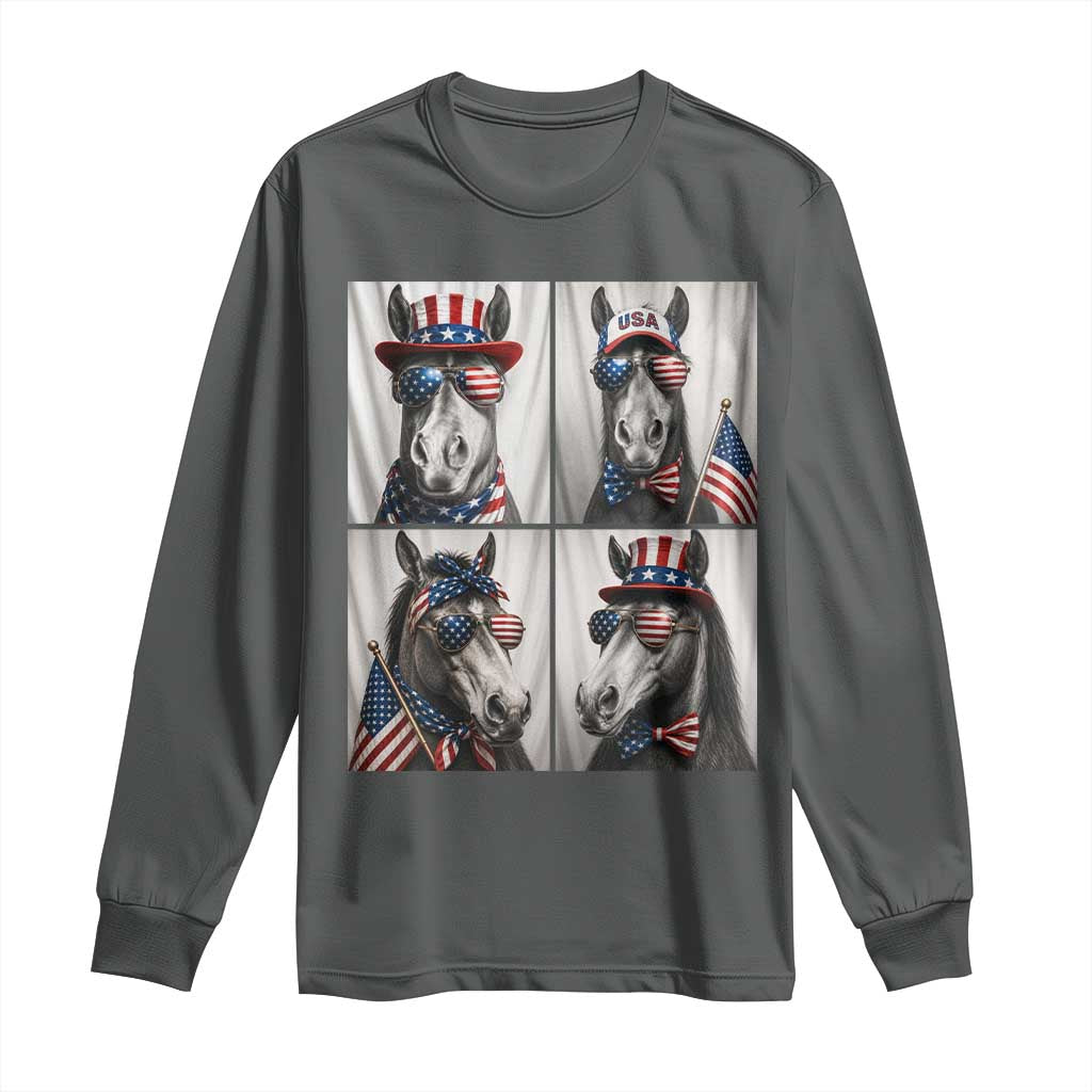 Patriotic Horse Selfie Squad Long Sleeve Shirt USA Flag Red White And Blue Graphic TS12 Dark Heather Print Your Wear