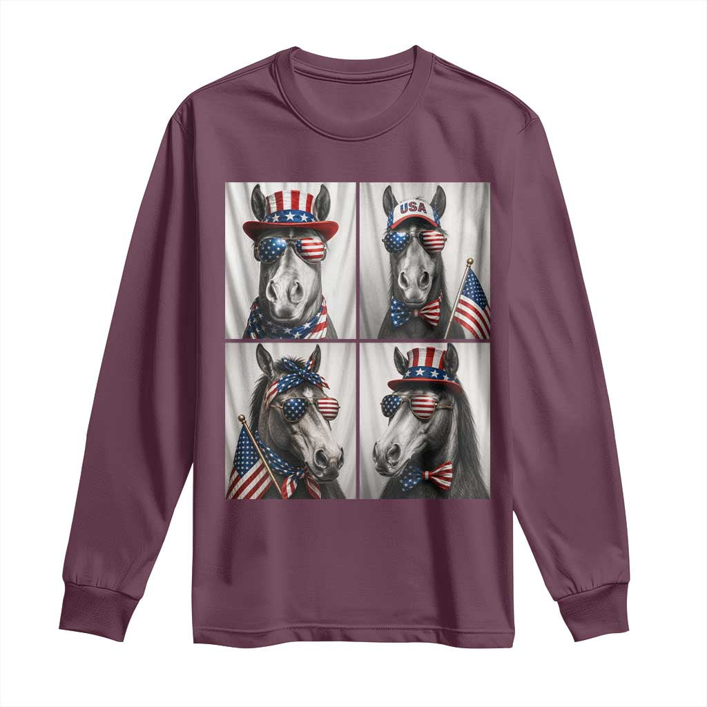 Patriotic Horse Selfie Squad Long Sleeve Shirt USA Flag Red White And Blue Graphic TS12 Maroon Print Your Wear