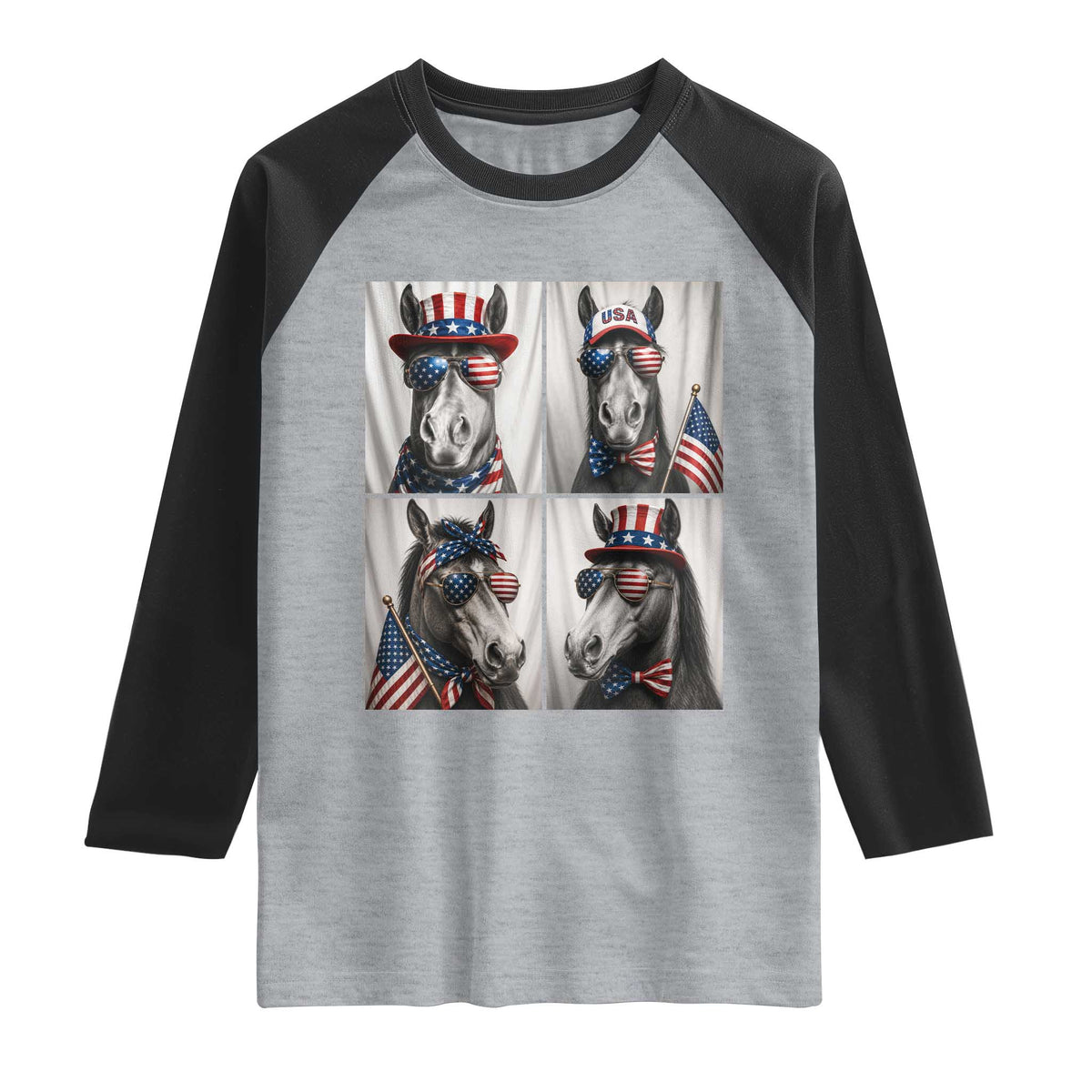Patriotic Horse Selfie Squad Raglan Shirt USA Flag Red White And Blue Graphic