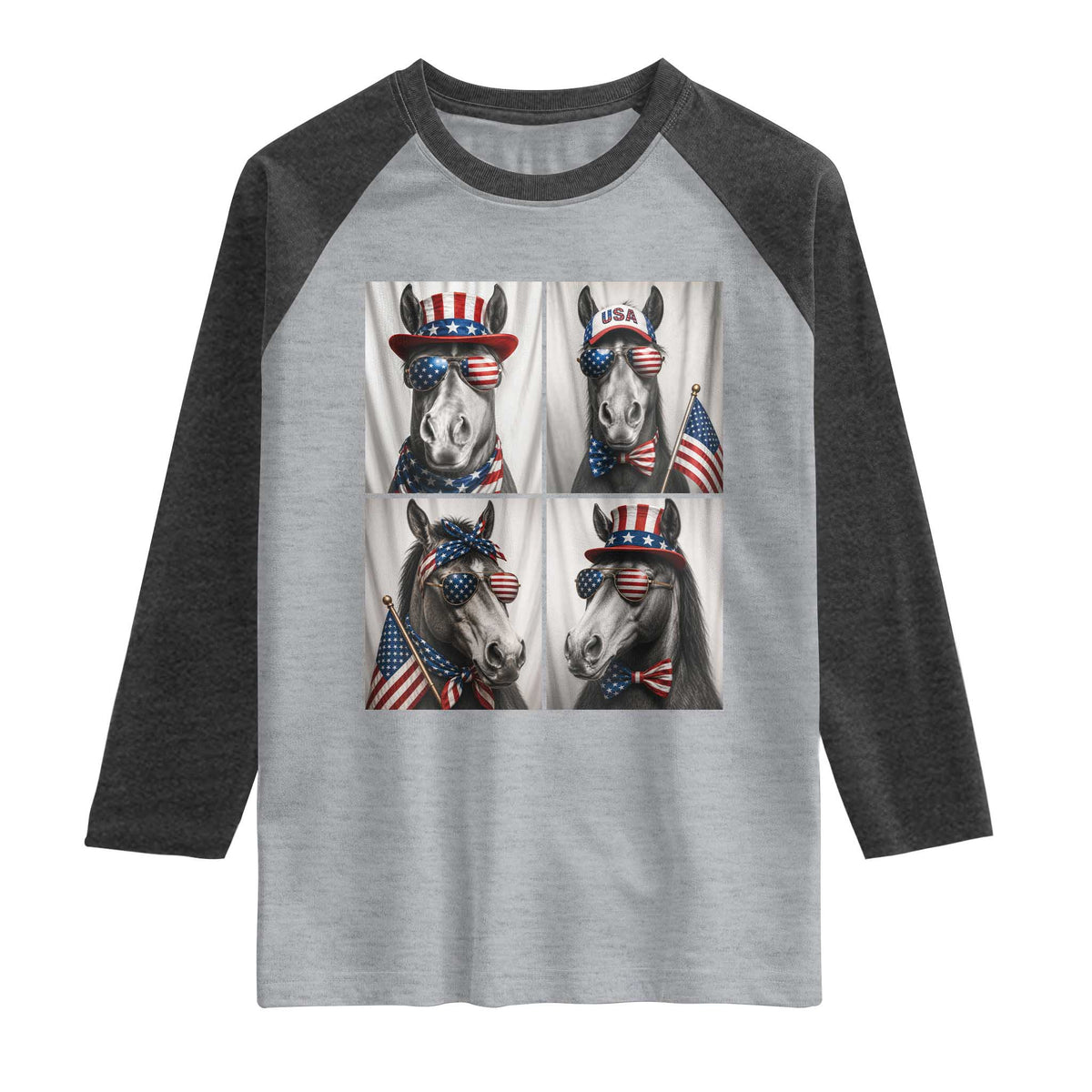 Patriotic Horse Selfie Squad Raglan Shirt USA Flag Red White And Blue Graphic