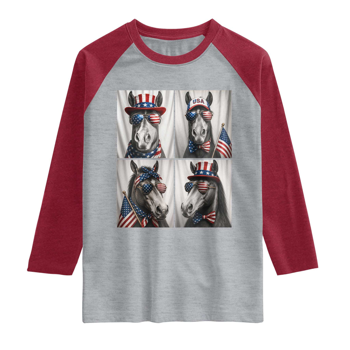 Patriotic Horse Selfie Squad Raglan Shirt USA Flag Red White And Blue Graphic