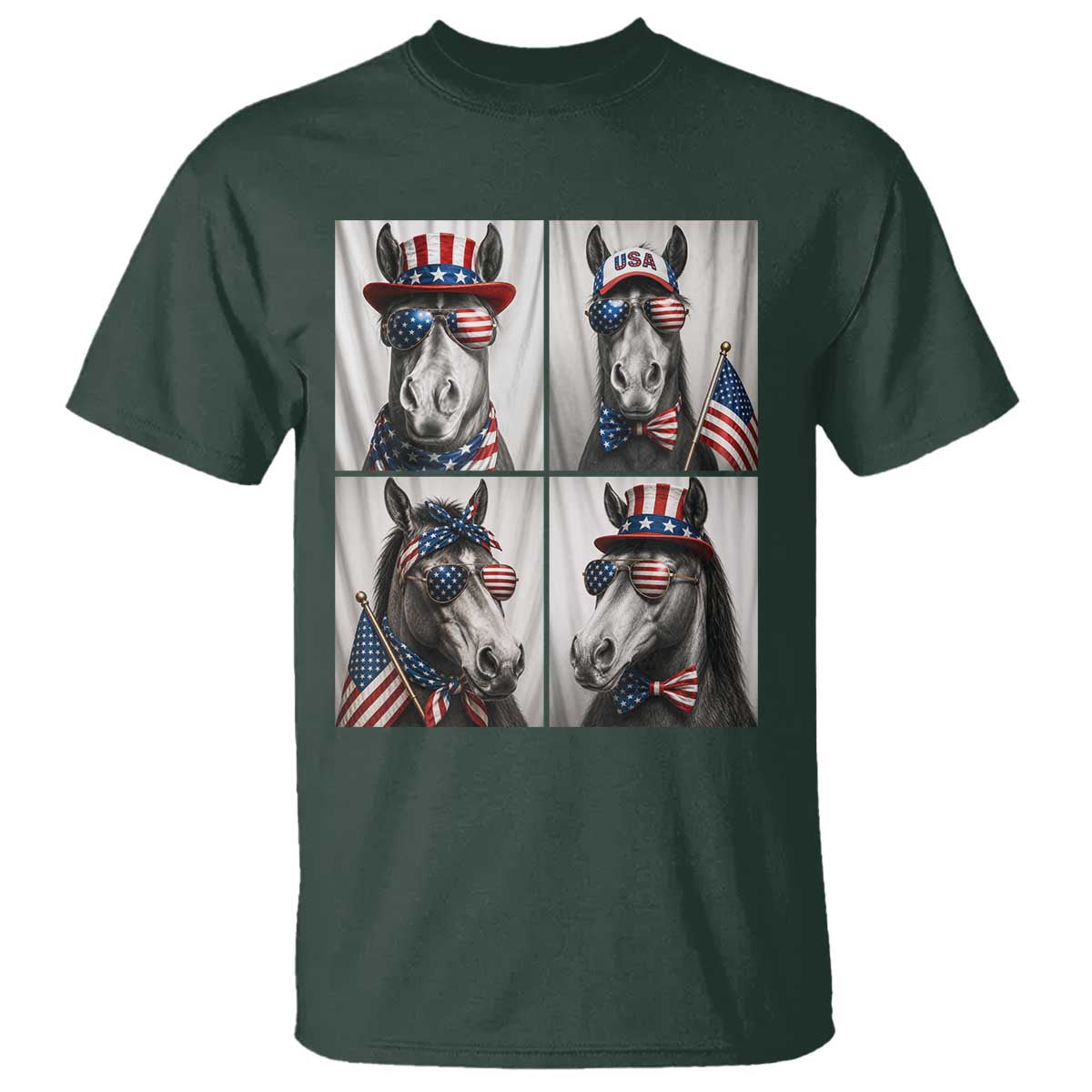 Patriotic Horse Selfie Squad T Shirt USA Flag Red White And Blue Graphic TS12 Dark Forest Green Print Your Wear