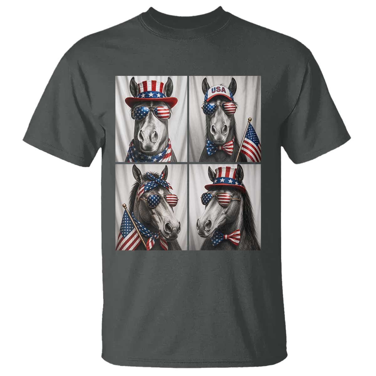 Patriotic Horse Selfie Squad T Shirt USA Flag Red White And Blue Graphic TS12 Dark Heather Print Your Wear