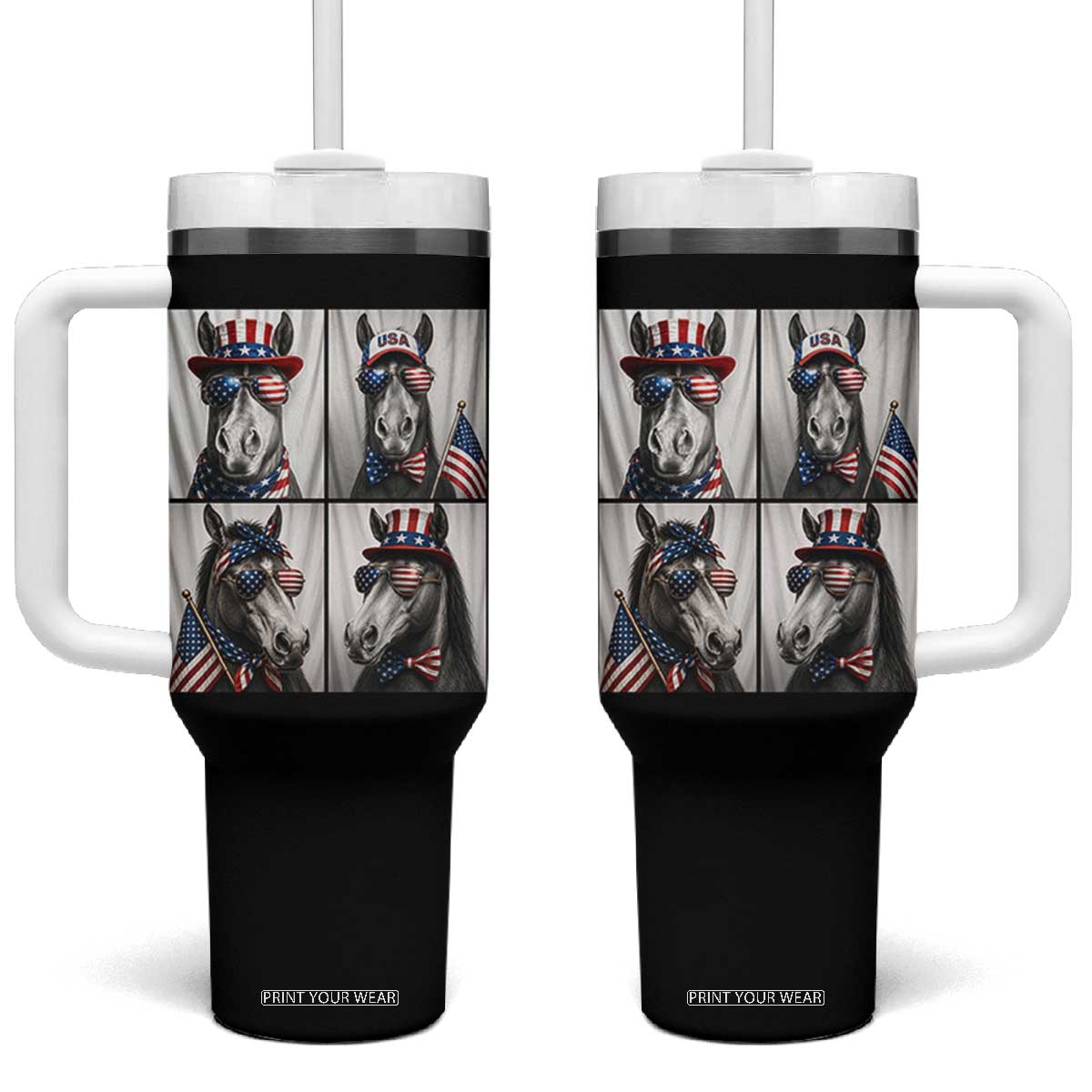 Patriotic Horse Selfie Squad Tumbler With Handle USA Flag Red White And Blue Graphic TS12 One Size: 40 oz Black Print Your Wear