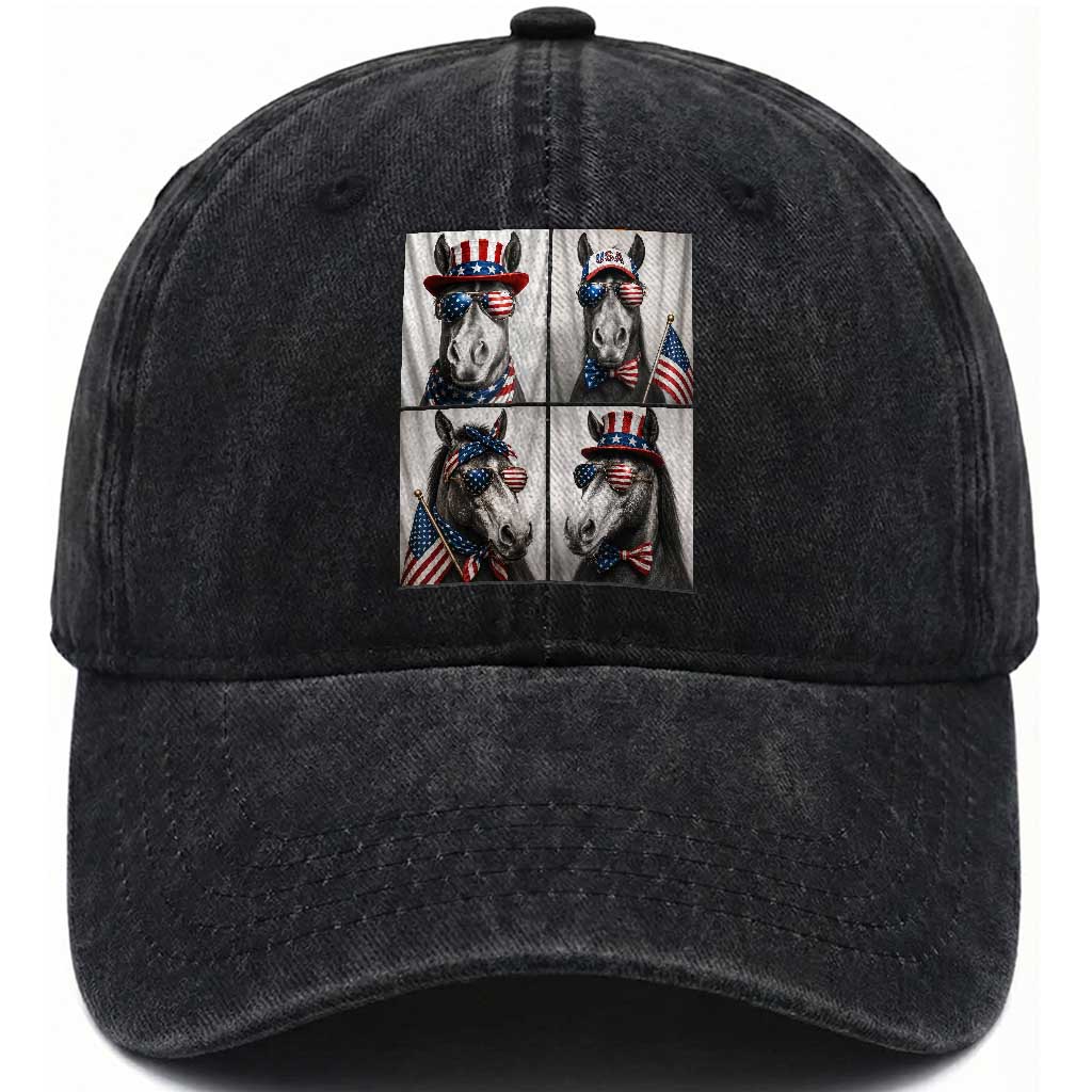 Patriotic Horse Selfie Squad Washed Cotton Baseball Cap USA Flag Red White And Blue Graphic TS12 Print Your Wear