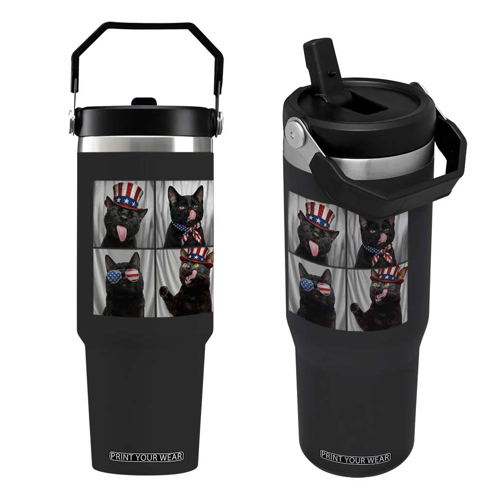Funny Patriotic Black British Shorthair Cat Selfie Flip Straw Tumbler