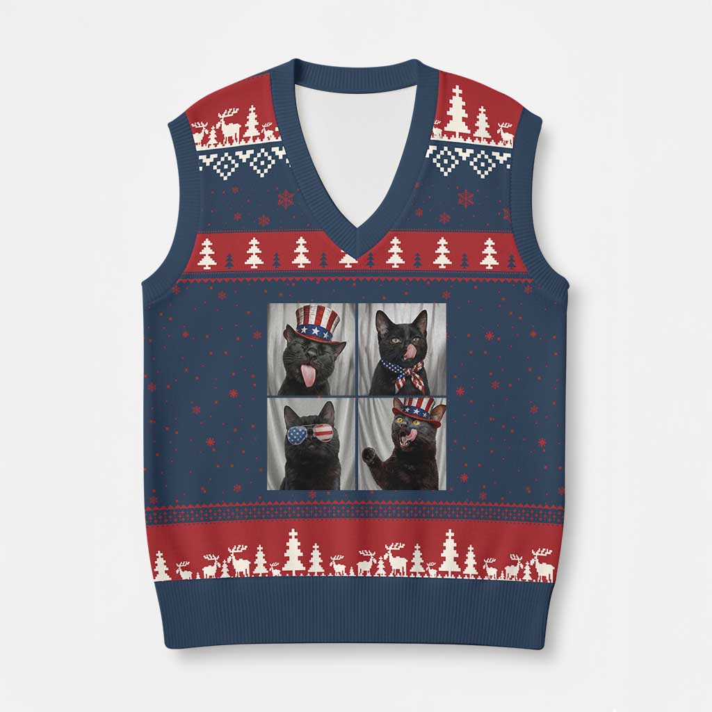 Funny Patriotic Black British Shorthair Cat Selfie V-Neck Knit Sweater Vest TS12 Navy Red Print Your Wear