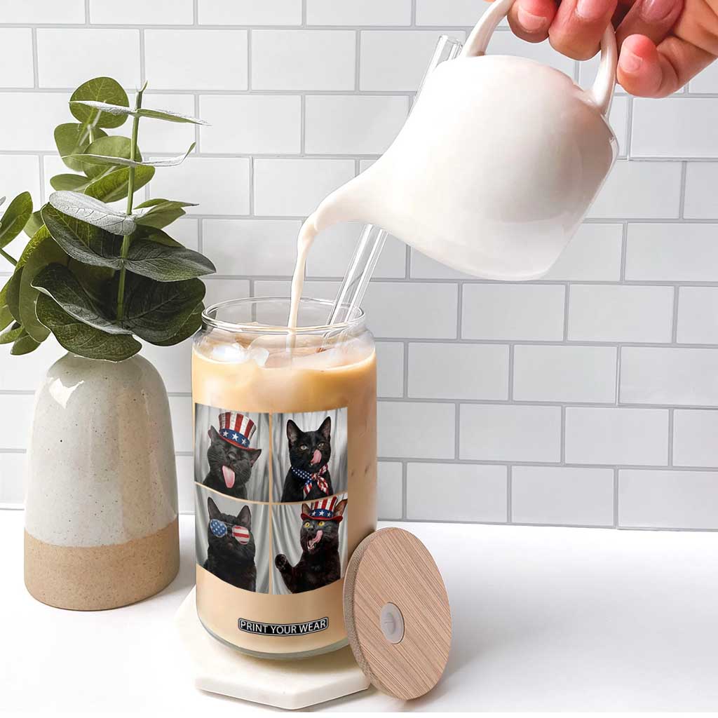 Funny Patriotic Black British Shorthair Cat Selfie Glass Can