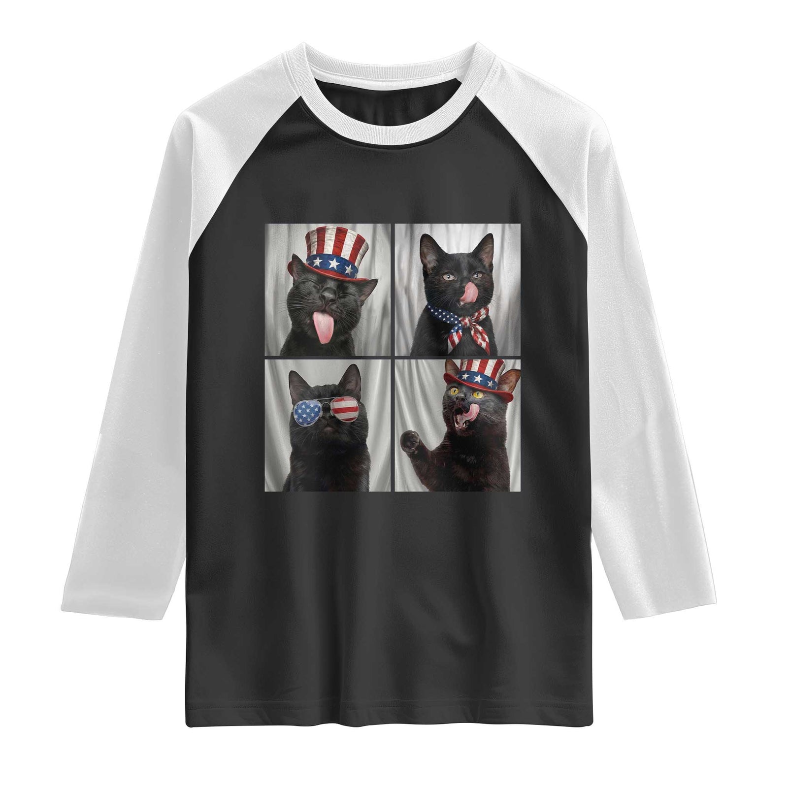 Funny Patriotic Black British Shorthair Cat Selfie Raglan Shirt TS12 Black White Print Your Wear
