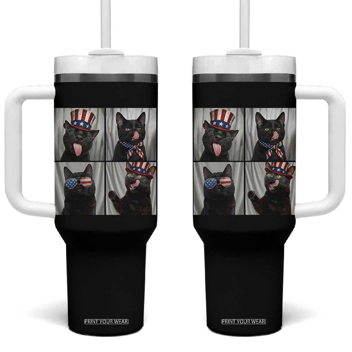 Funny Patriotic Black British Shorthair Cat Selfie Tumbler With Handle TS12 One Size: 40 oz Black Print Your Wear