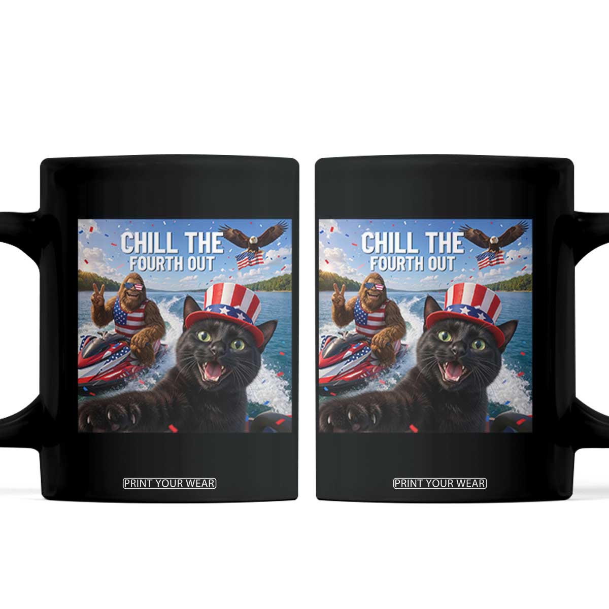 Patriotic Bigfoot And Cat Coffee Mug Chill The Fourth Out