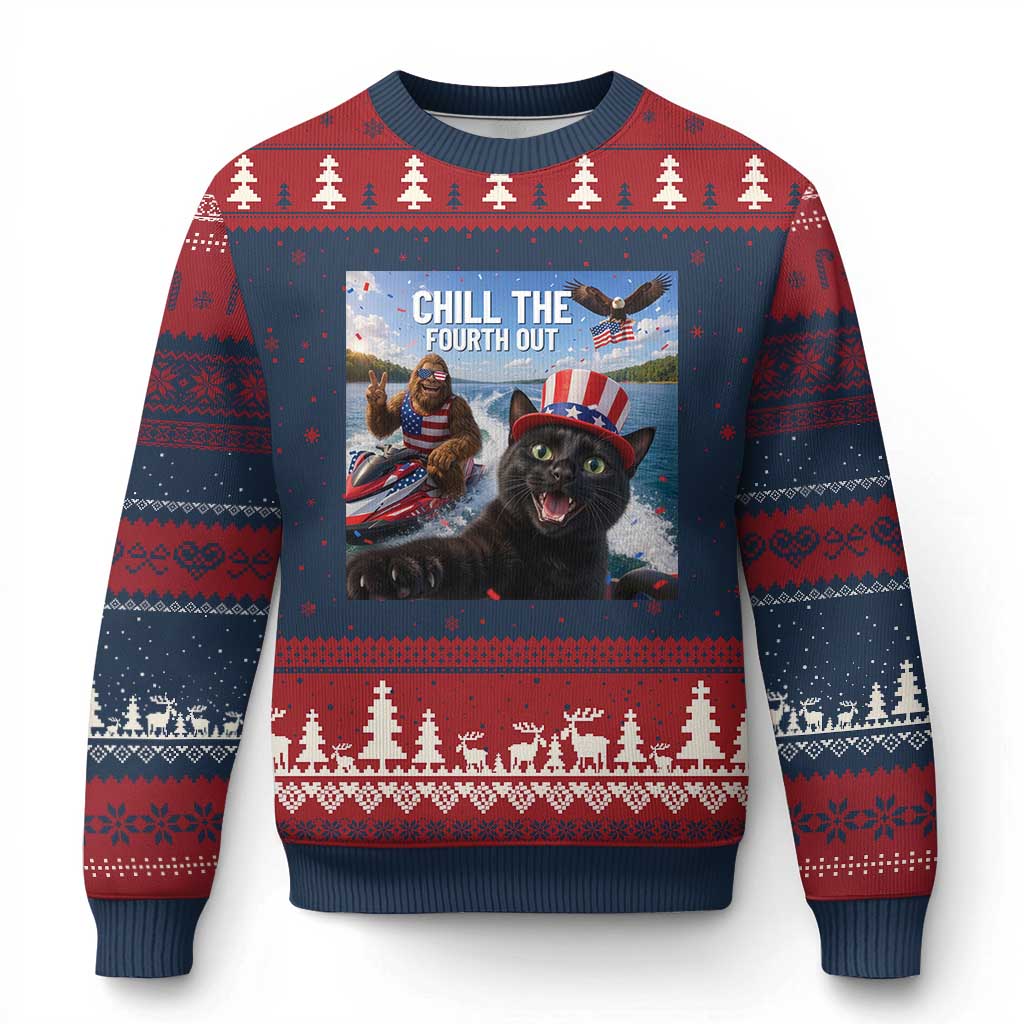 Patriotic Bigfoot And Cat Ugly Christmas Sweater Chill The Fourth Out TS12 Navy Red Print Your Wear