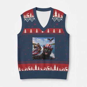 Patriotic Bigfoot And Cat V-Neck Knit Sweater Vest Chill The Fourth Out