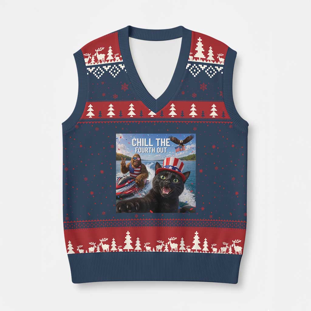 Patriotic Bigfoot And Cat V-Neck Knit Sweater Vest Chill The Fourth Out TS12 Navy Red Print Your Wear
