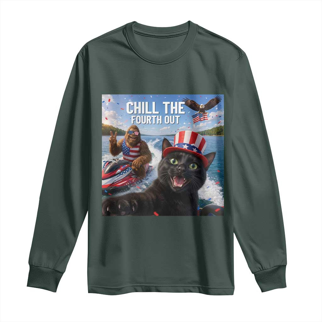 Patriotic Bigfoot And Cat Long Sleeve Shirt Chill The Fourth Out TS12 Dark Forest Green Print Your Wear