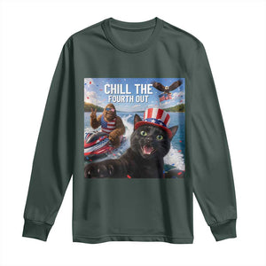 Patriotic Bigfoot And Cat Long Sleeve Shirt Chill The Fourth Out TS12 Dark Forest Green Print Your Wear