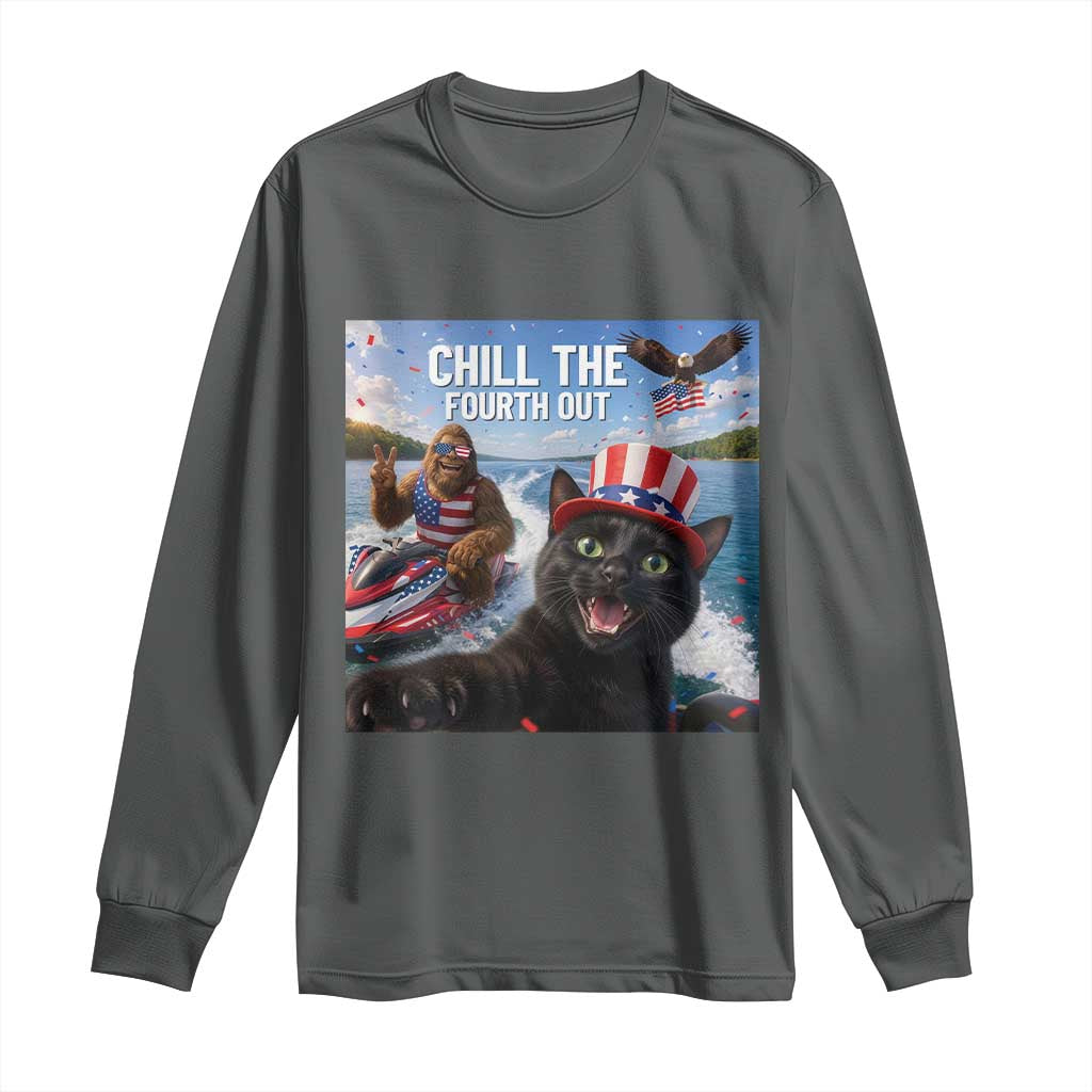 Patriotic Bigfoot And Cat Long Sleeve Shirt Chill The Fourth Out TS12 Dark Heather Print Your Wear