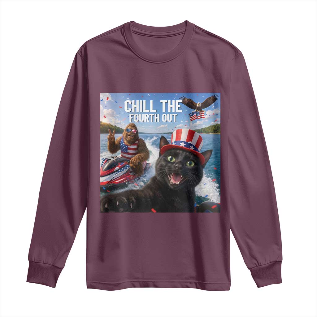 Patriotic Bigfoot And Cat Long Sleeve Shirt Chill The Fourth Out TS12 Maroon Print Your Wear