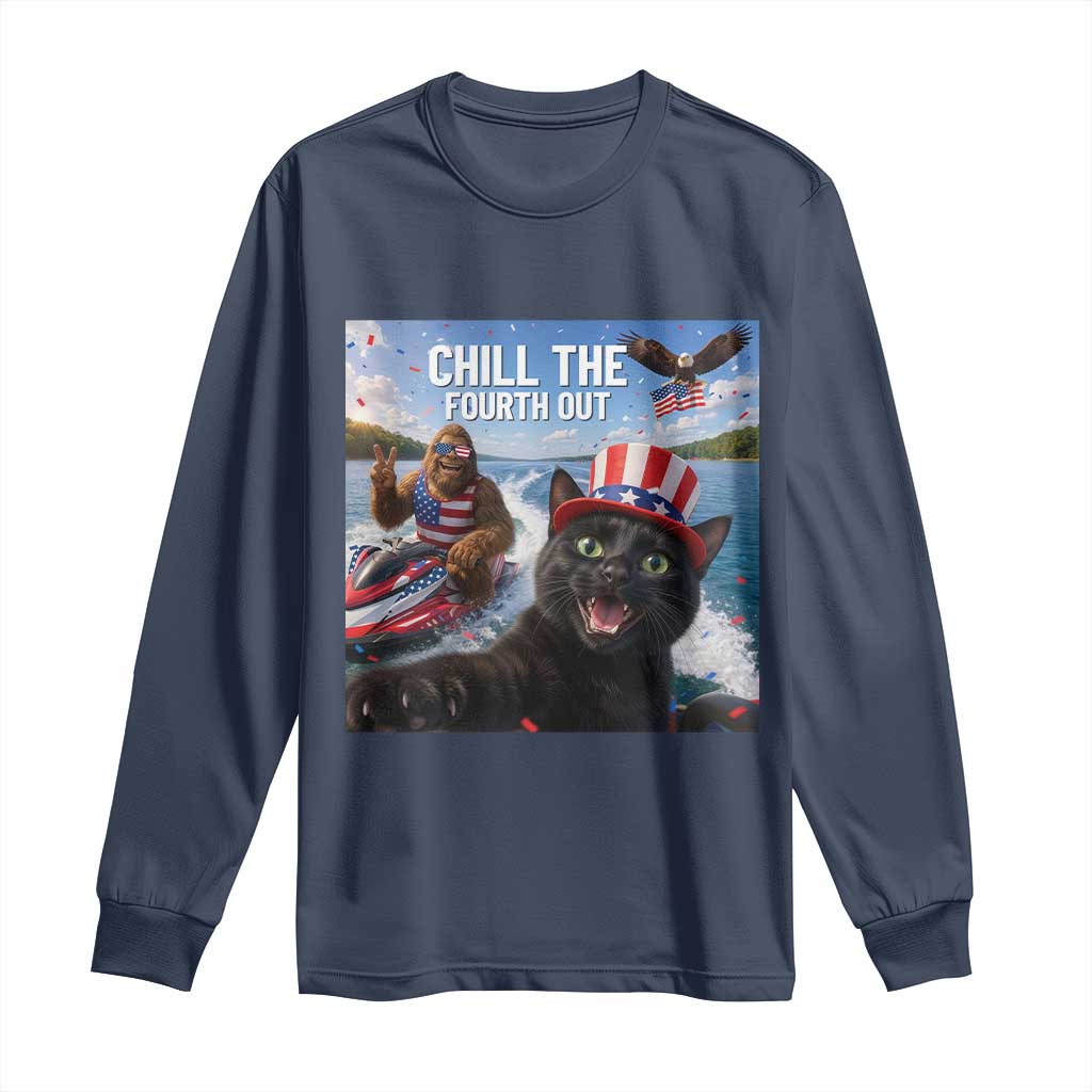 Patriotic Bigfoot And Cat Long Sleeve Shirt Chill The Fourth Out TS12 Navy Print Your Wear