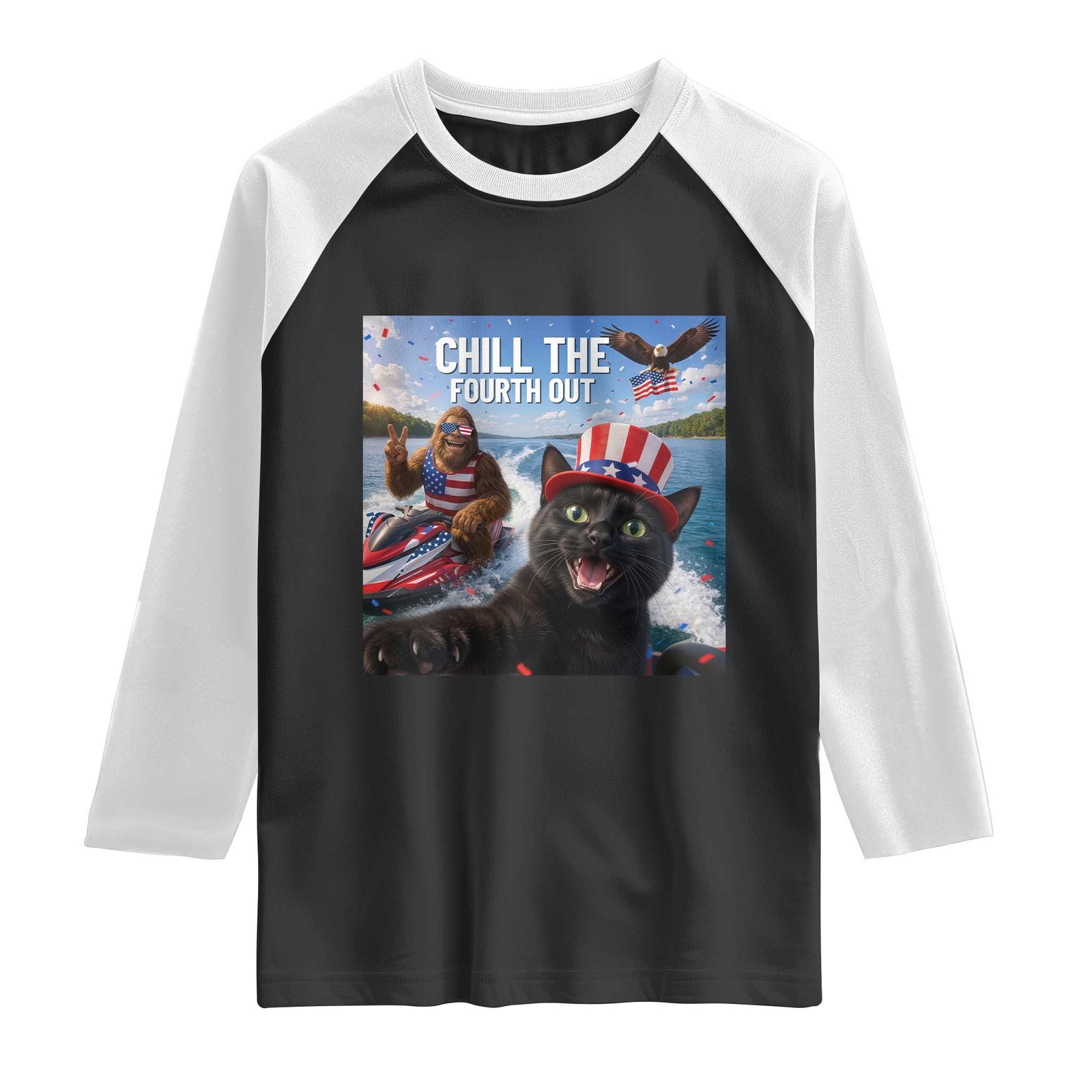 Patriotic Bigfoot And Cat Raglan Shirt Chill The Fourth Out TS12 Black White Print Your Wear