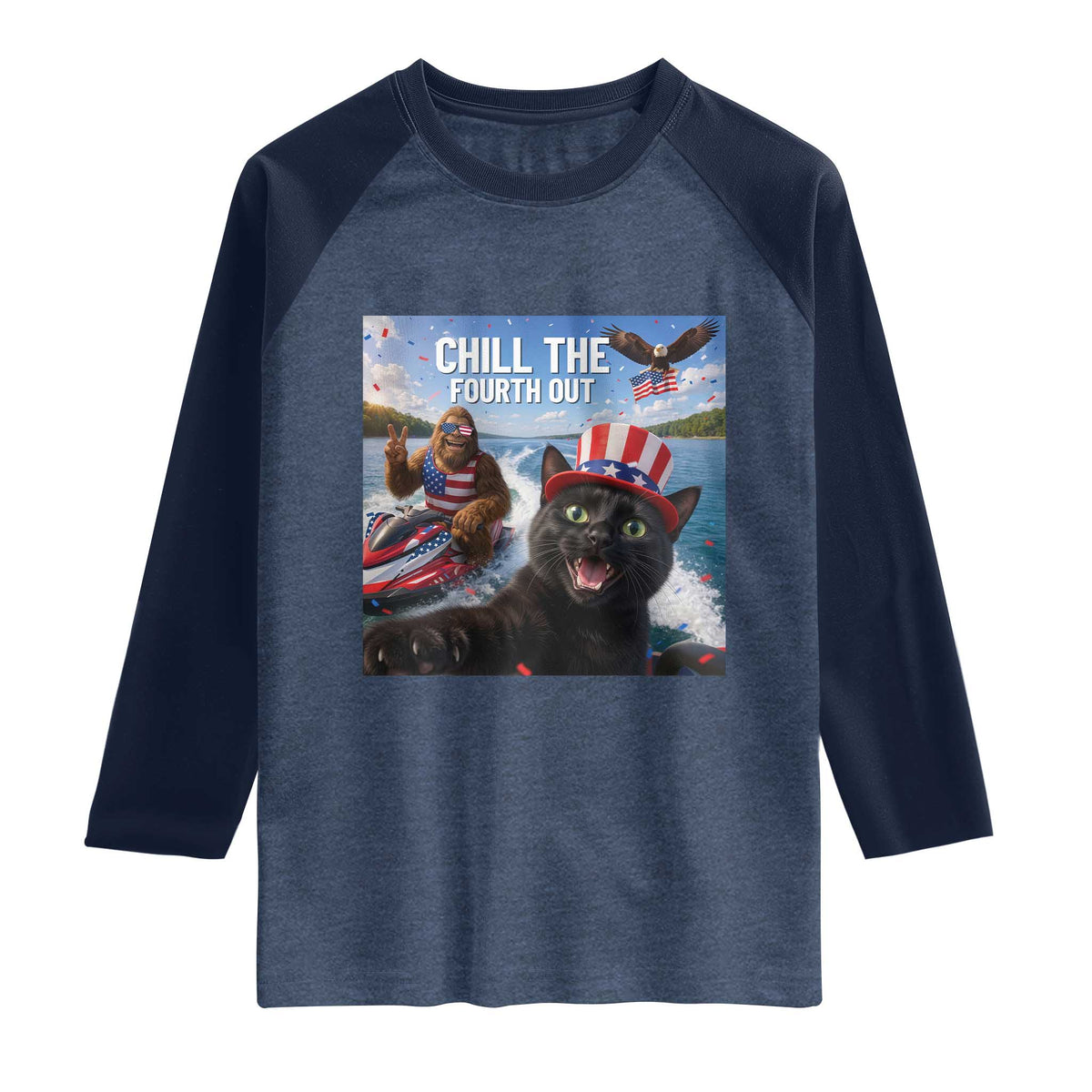Patriotic Bigfoot And Cat Raglan Shirt Chill The Fourth Out TS12 Heather Denim Navy Print Your Wear