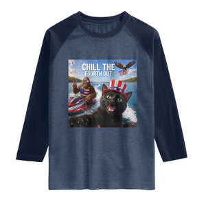 Patriotic Bigfoot And Cat Raglan Shirt Chill The Fourth Out TS12 Heather Denim Navy Print Your Wear