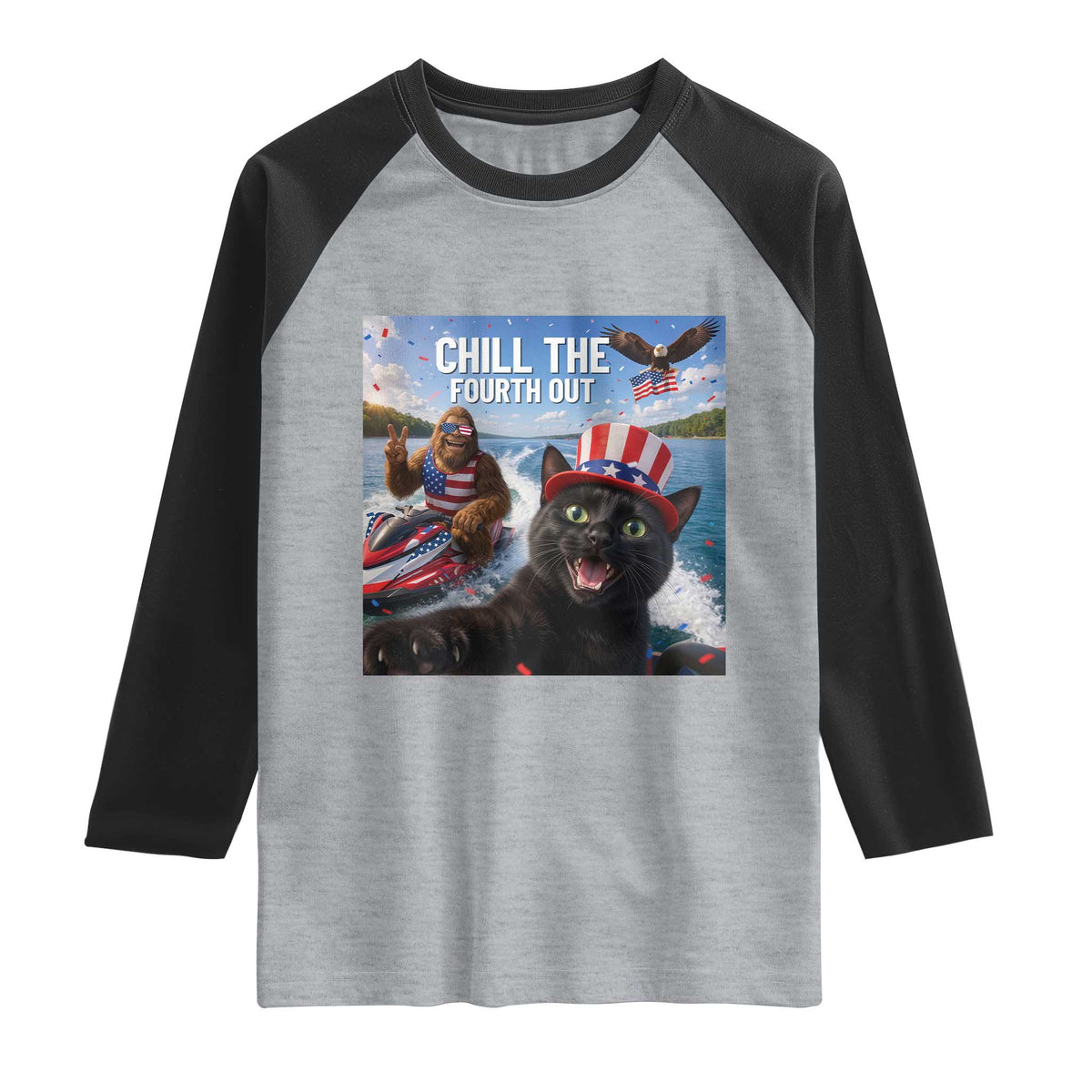 Patriotic Bigfoot And Cat Raglan Shirt Chill The Fourth Out TS12 Heather Gray Black Print Your Wear